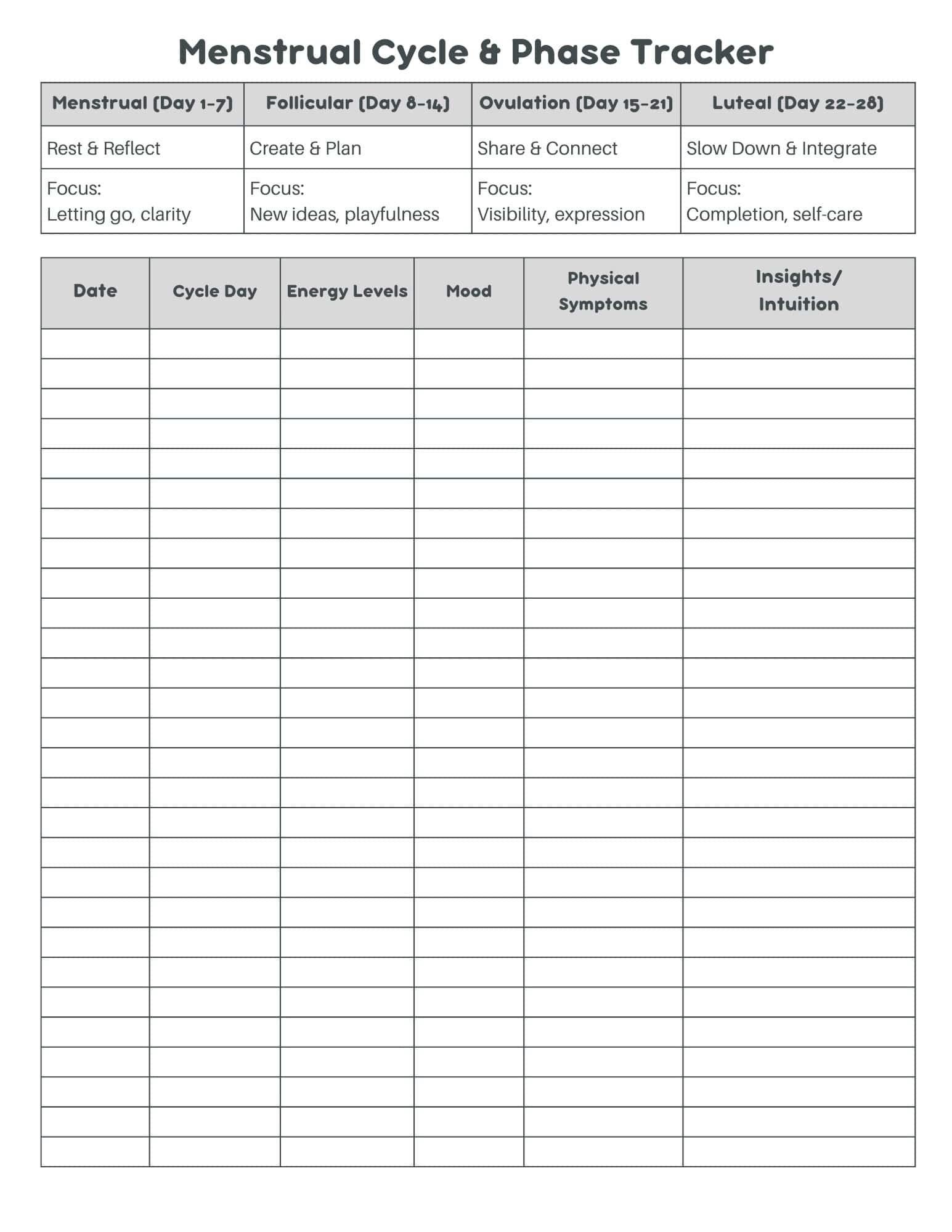 Period Tracker Free Printable For Menstrual Cycle Phase Tracking