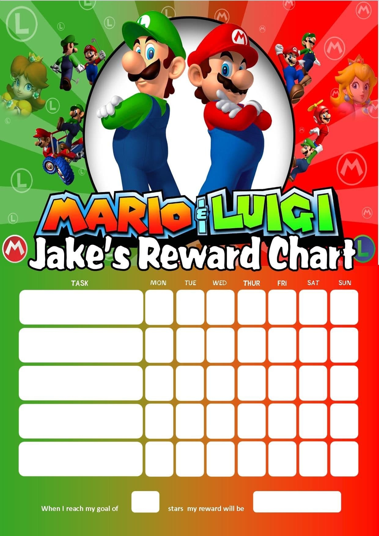 Personalised Super Mario And Luigi Reward Chart Adding Photo Option Available