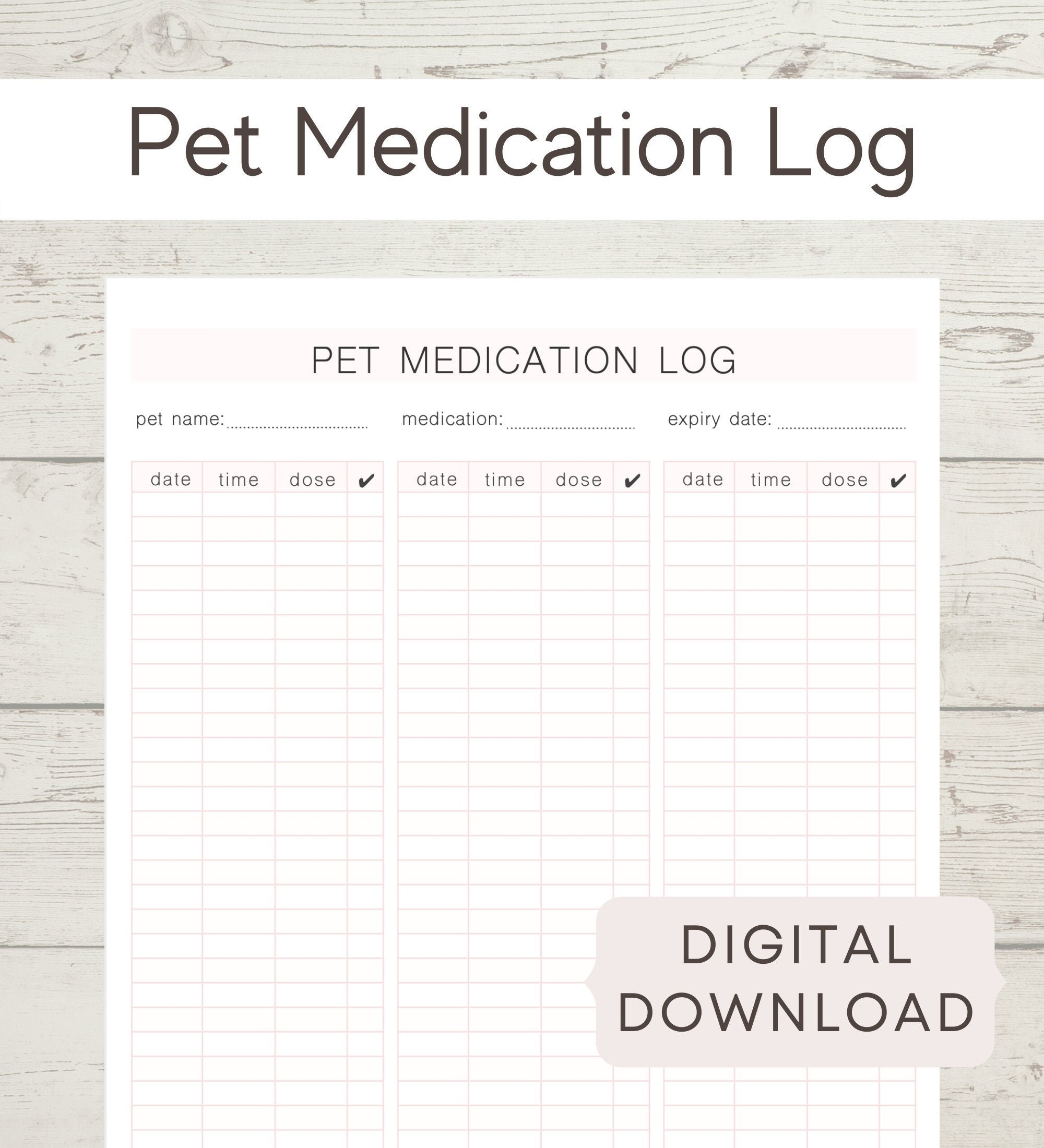 Pet Medication Log Printable Pet Care Medication Record Digital Pet Record Etsy UK