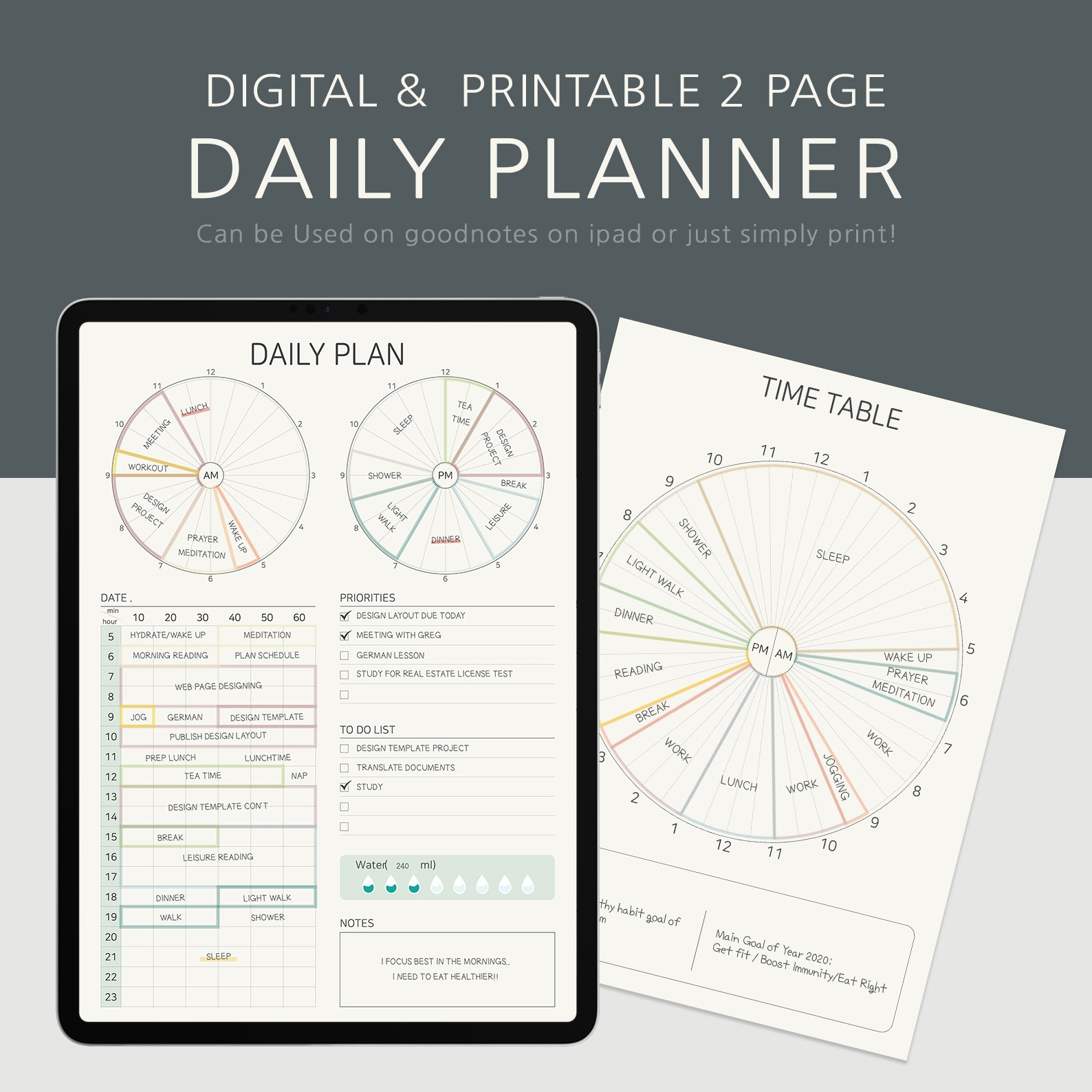 Pie Chart Style 24 Hr Two page Daily Planner Digital Printable Notability Planner IPad Daily Planner Android Xodo Noteshelf Planner Etsy