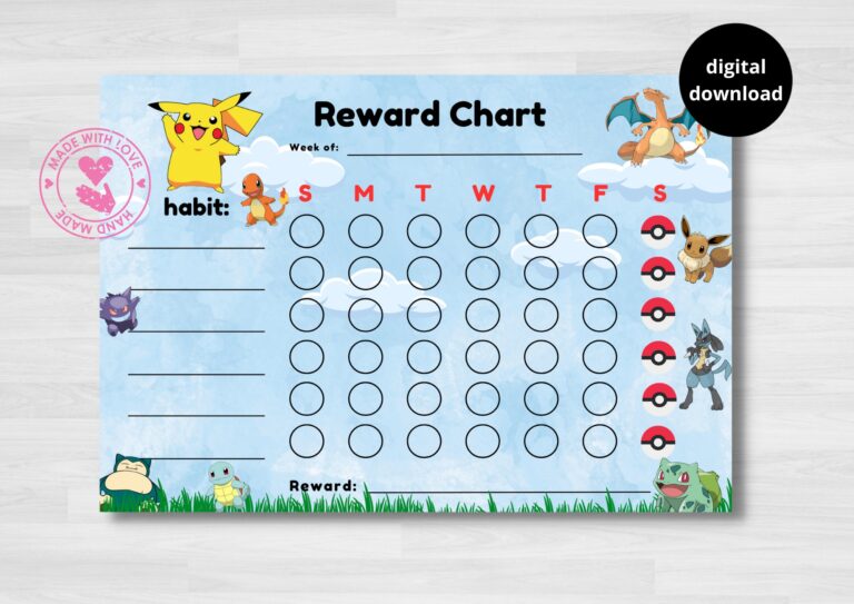 Pok mon Reward Chart For Kids Habit Tracker Pokemon Pikachu Snorlax Charizard Self Help Digital Download Printable Etsy Norway
