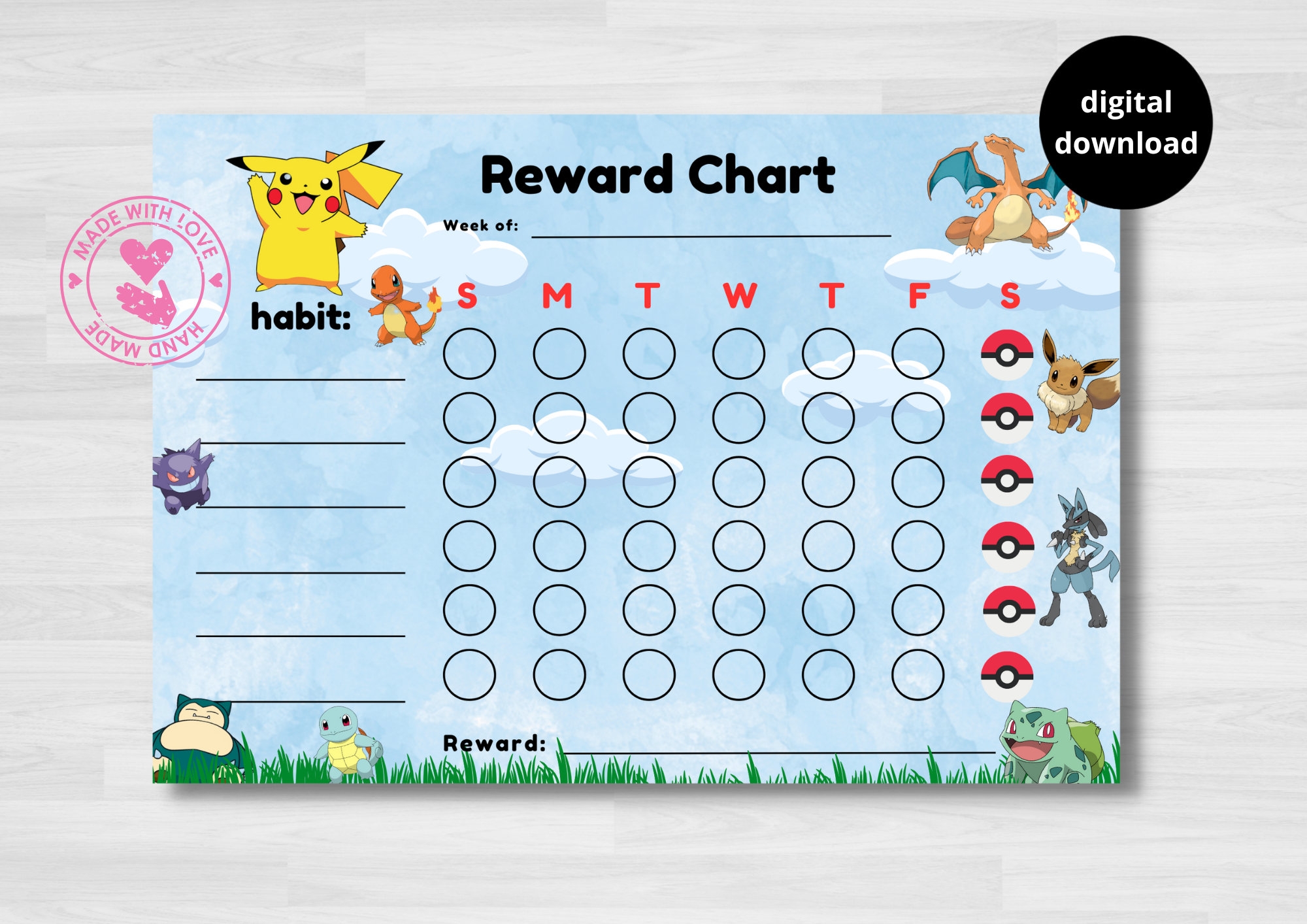 Pok mon Reward Chart For Kids Habit Tracker Pokemon Pikachu Snorlax Charizard Self Help Digital Download Printable Etsy Norway