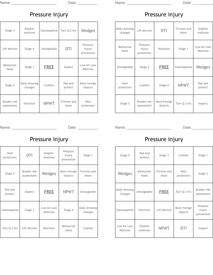 Pressure Injury Bingo Cards WordMint