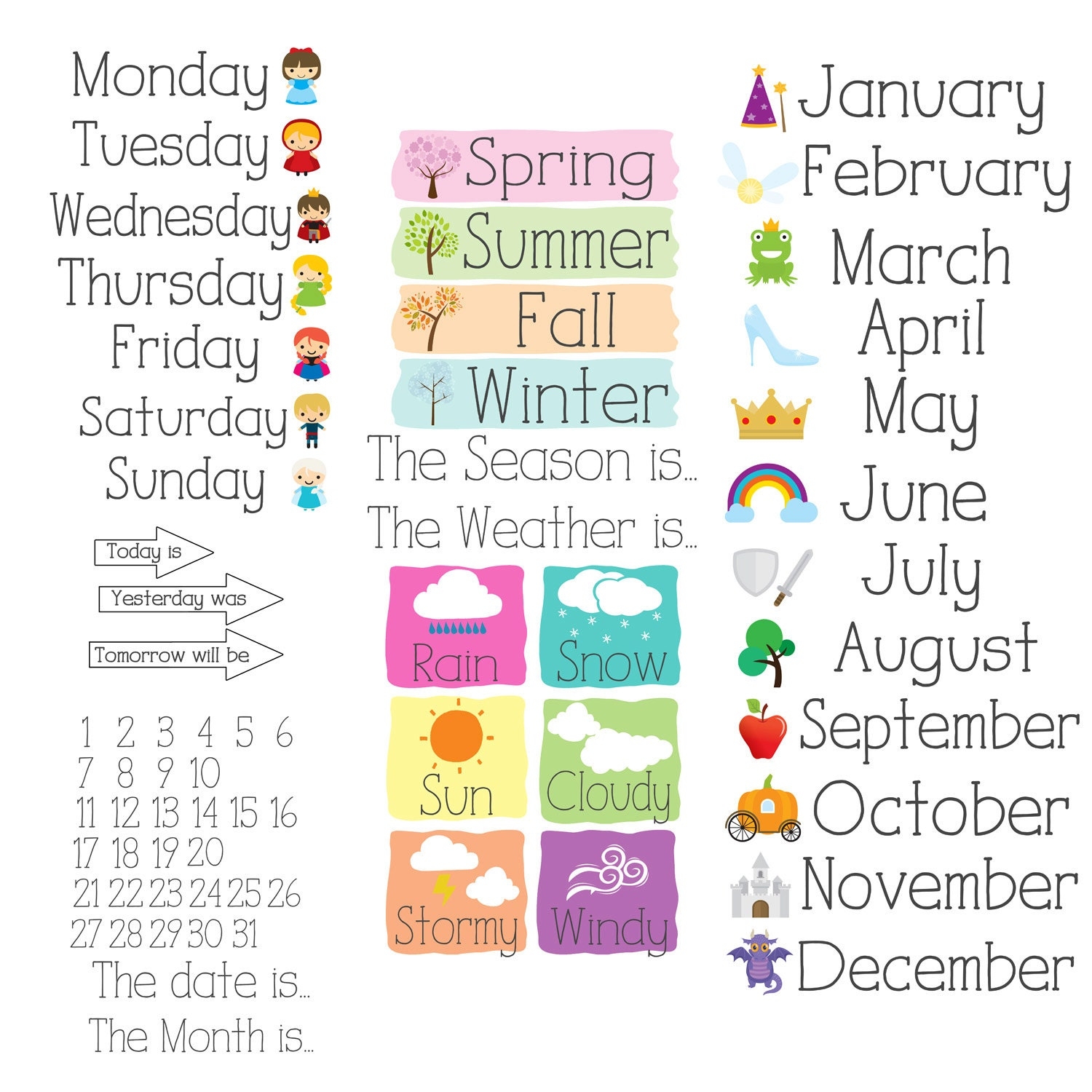 Printable About Today Calendar Learning Fairytale Edition Etsy