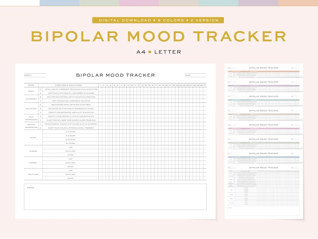 Printable Bipolar Mood Tracker Monthly Bipolar Mood Tracker Planner 2 Sizes A4 US Letter 8 Colors Etsy Denmark