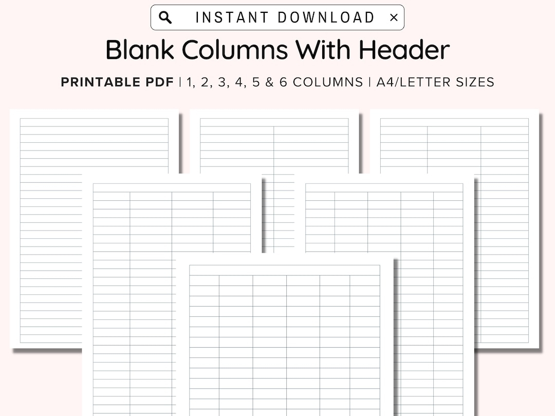 Printable Blank Columns Charts With Header One Two Three Four Five And Six Columns Table Worksheets PDF A4 letter Instant Download Etsy