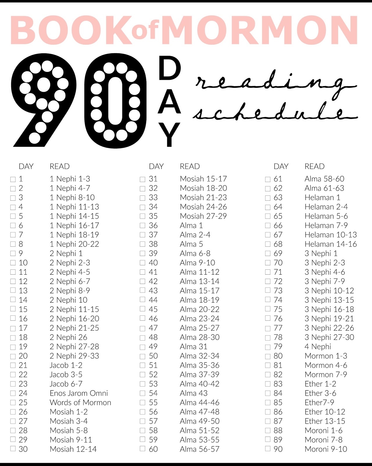 Printable Book Of Mormon 90 Days Reading Chart Audrey Fuller
