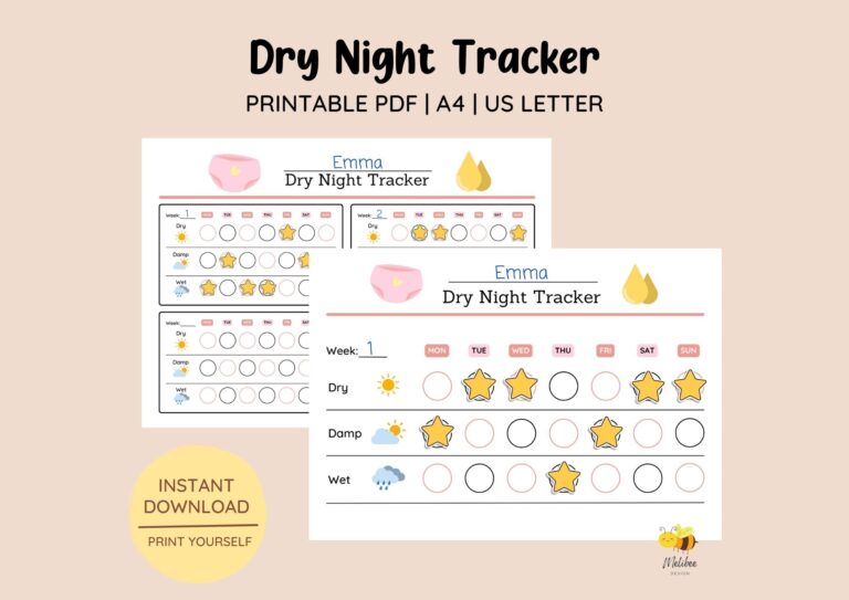Printable Dry Night Bedwetting Chart Dry Night Tracker Toilet Training Stayed Dry All Night Girls Potty Chart Night Time Training Etsy
