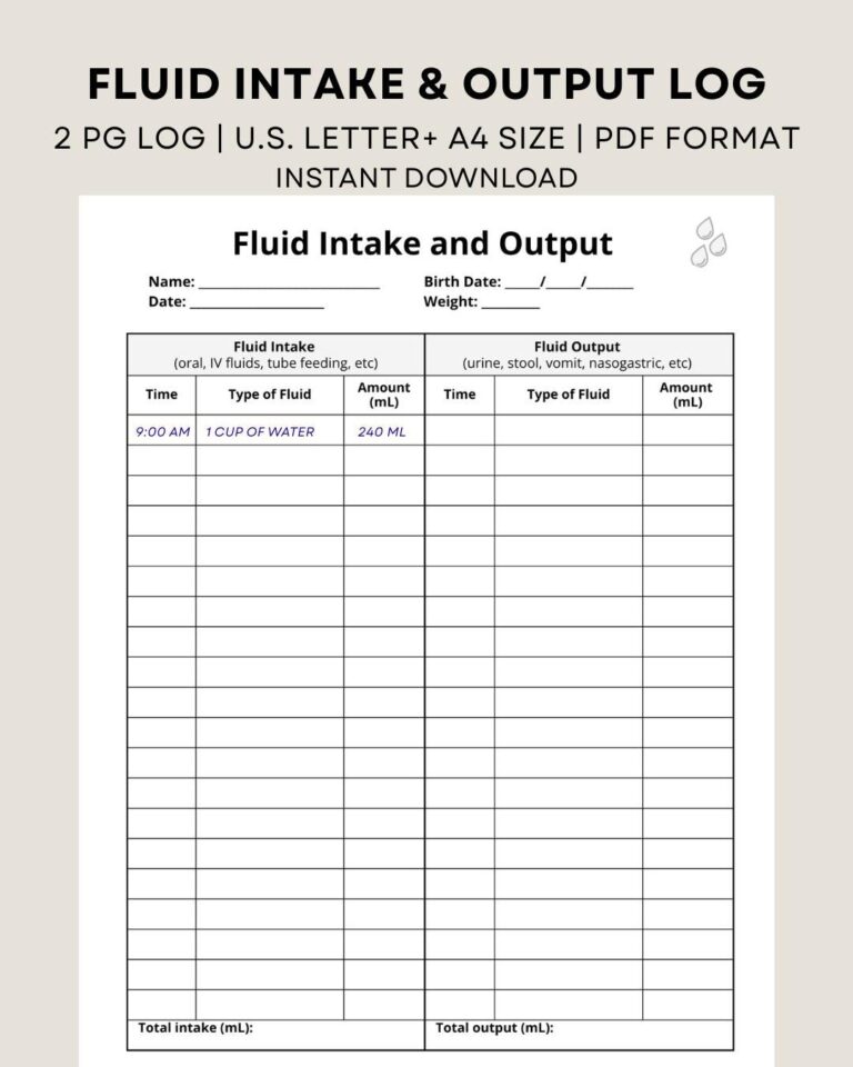 Printable Fluid Intake And Output Log Intake And Output Record Fluid Balance Chart Measurement Chart Health Tracker Instant Download Etsy