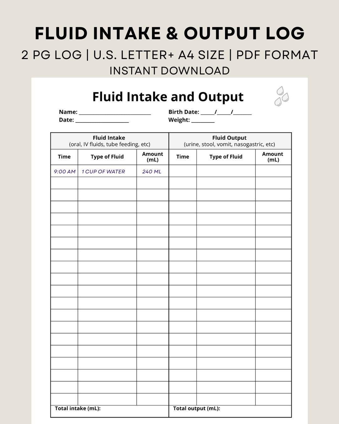 Printable Fluid Intake And Output Log Intake And Output Record Fluid Balance Chart Measurement Chart Health Tracker Instant Download Etsy