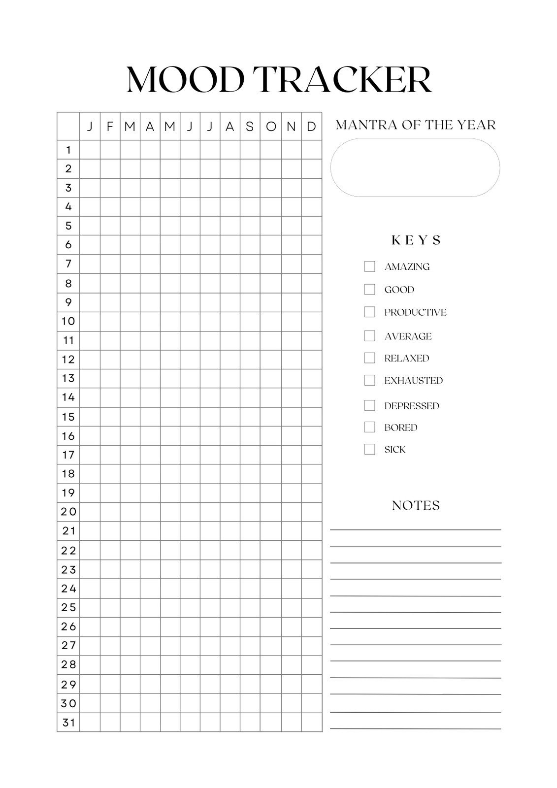 Mood Tracking Chart Printable