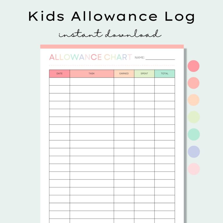 Printable Kids Allowance Chart Allowance Tracker Kids Savings Tracker Weekly Allowance Chore Chart Money Reward Chart Money Management Etsy
