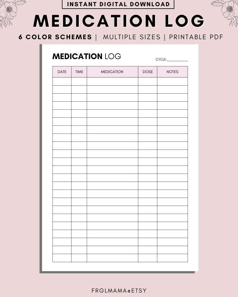 Printable Medication Tracker Monthly Medicine Supplement Log PDF Etsy