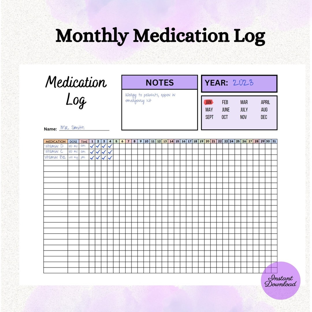 Printable Monthly Medication Tracker A4 Letter digital Download Etsy