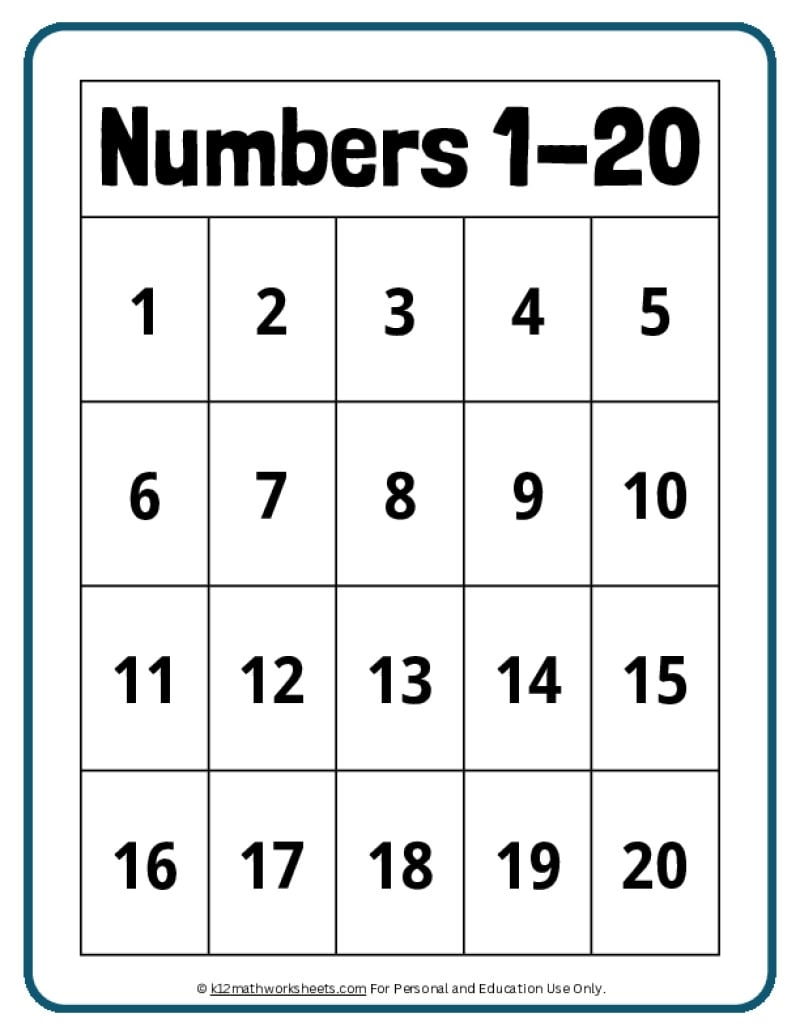 Free Printable Number Chart 1 20 Free Printable Number Chart 1 20