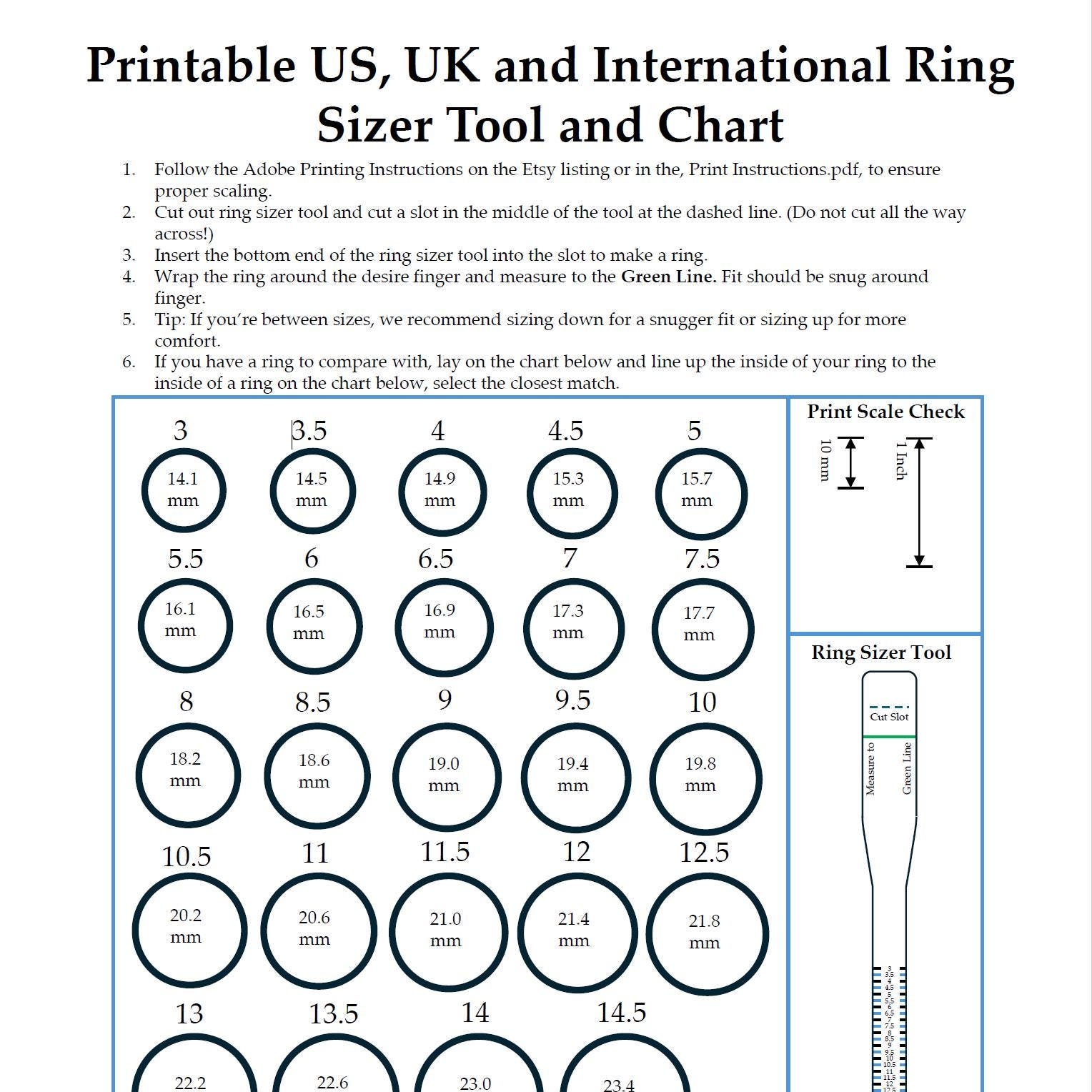 Printable Ring Sizer Tool US UK International Size Chart PDF Download Etsy Israel
