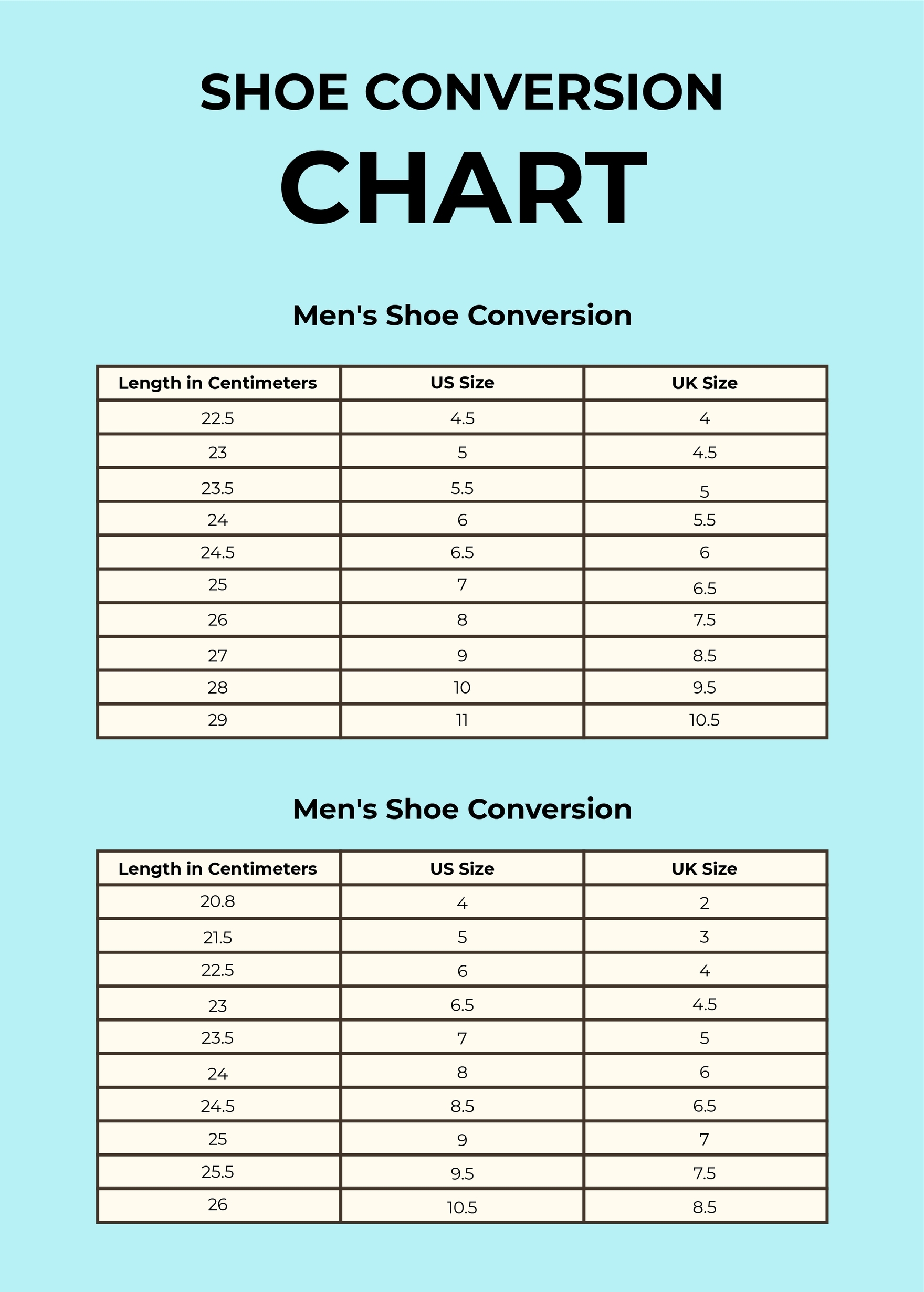 Printable Shoe Size Chart Mens