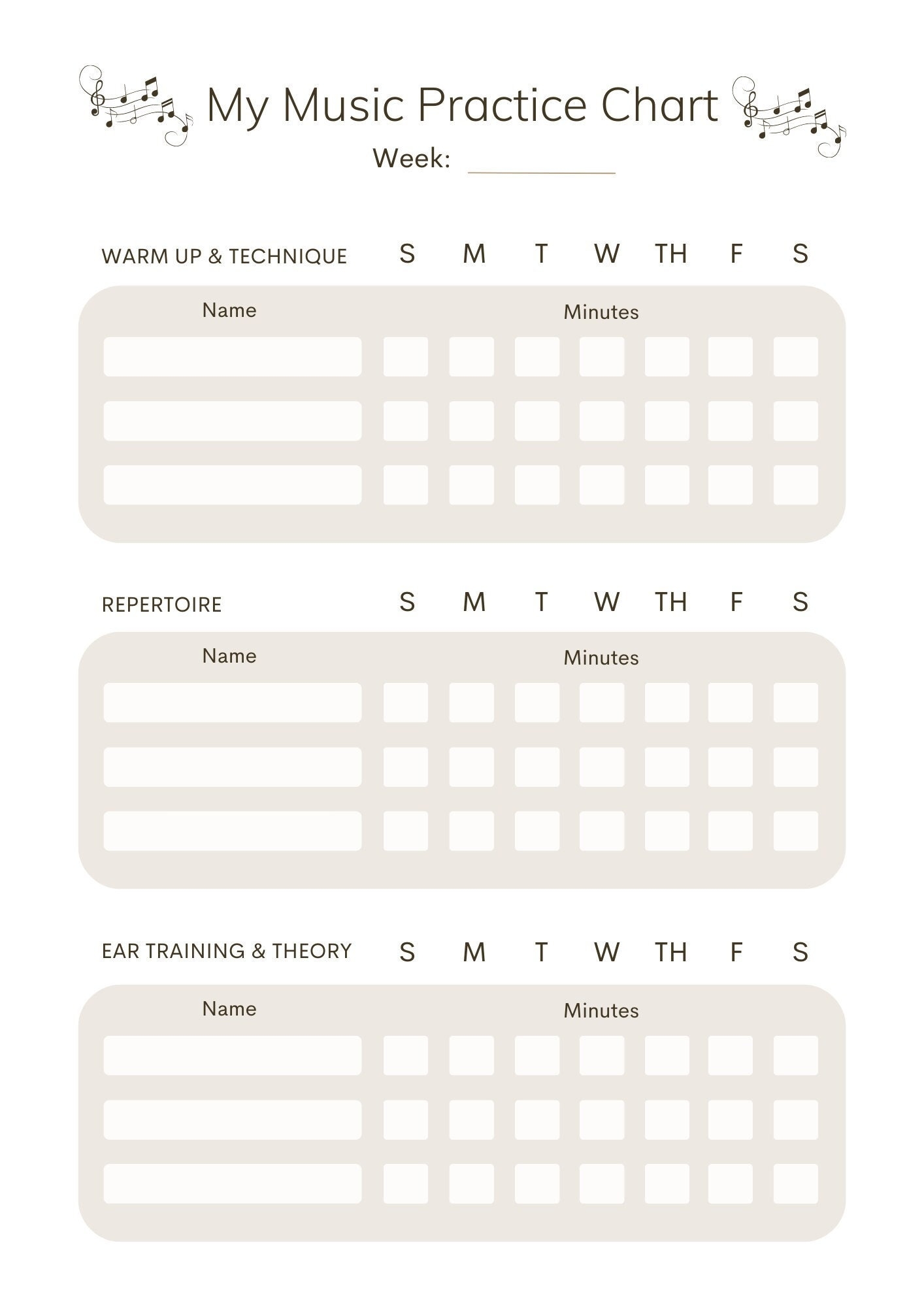 Printable Weekly Music Practice Log Letter A4 Piano Practice Chart Etsy