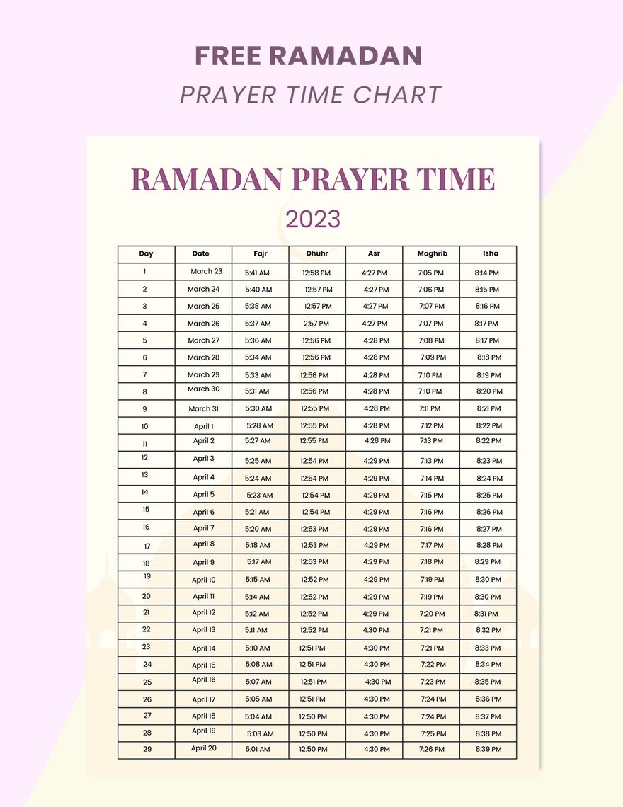 Ramadan Prayer Time Chart In Illustrator PDF Download Template