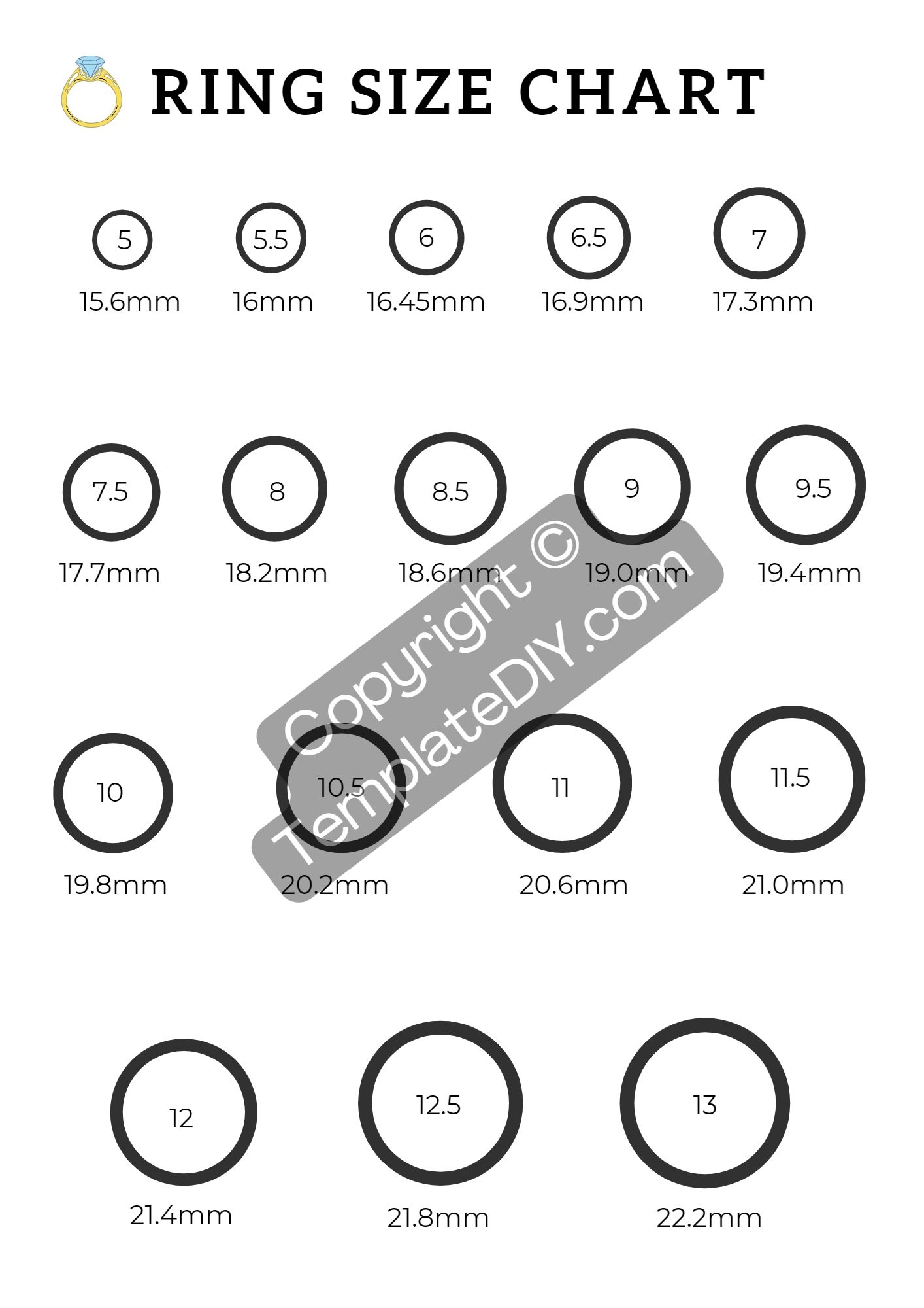 Ring Gauge Actual Size Ring Sizer Printable Ring Sizer Chart Template PDF Word Editable 