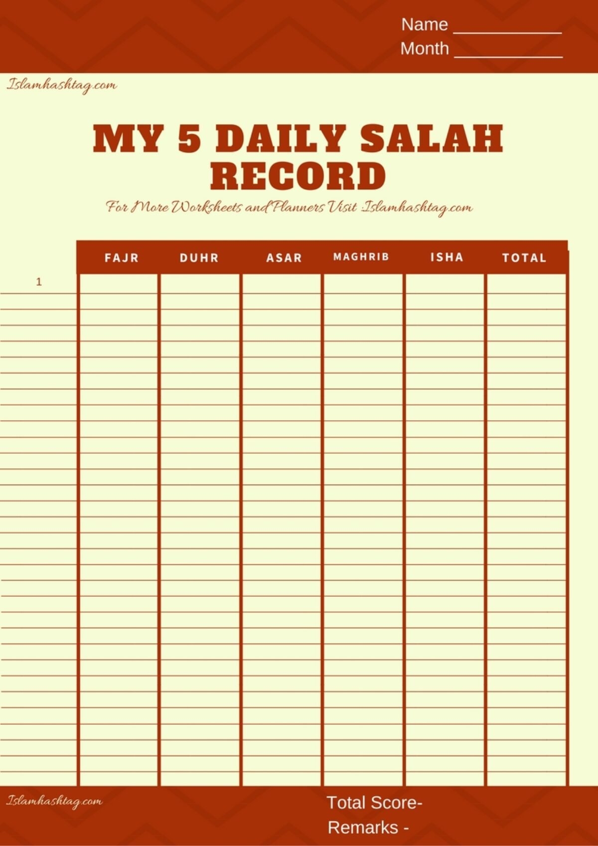 Salah Tracker Calender Free Printable Islam Hashtag