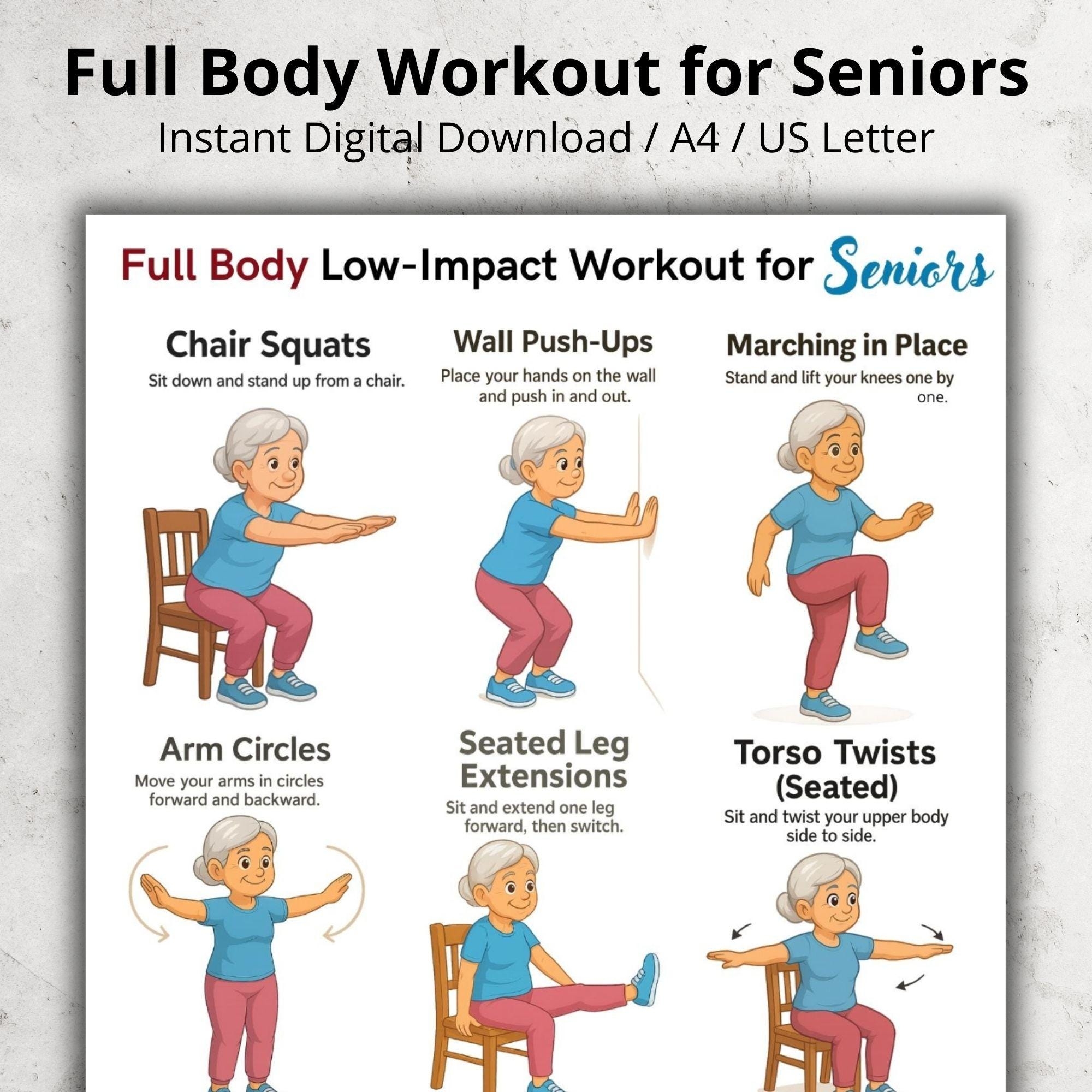 Senior Exercise Chart Printable Low Impact Full Body Workout For Seniors Chair Wall Exercises For Elderly Easy Daily Exercises PDF Etsy Israel