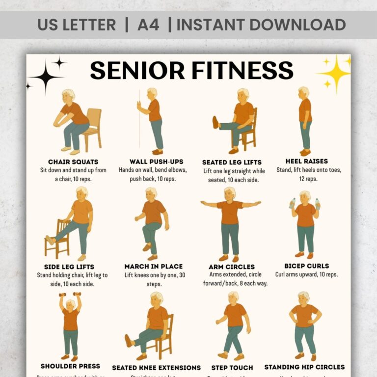 Senior Fitness Printable PDF 16 Easy Chair Standing Exercises For Seniors Gentle Mobility Strength Workout Chart Etsy