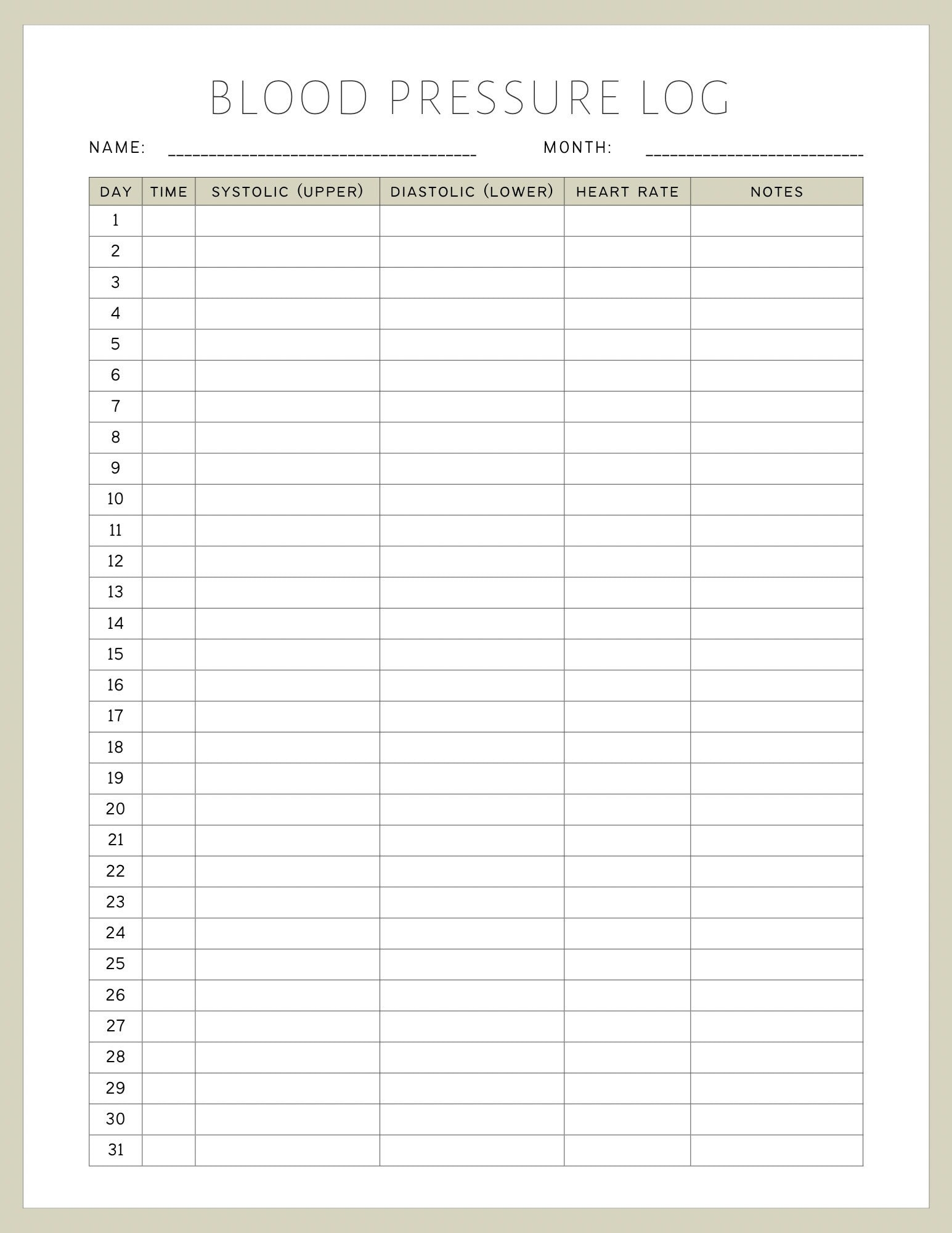 Simple Downloadable Blood Pressure Log Etsy