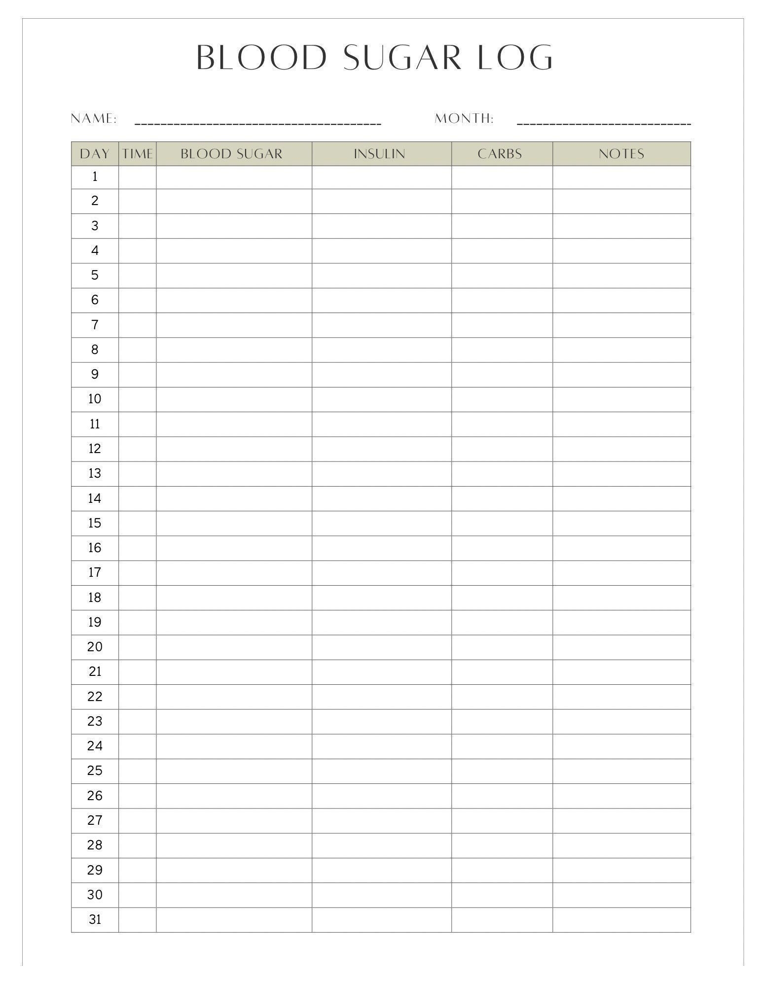 Simple Downloadable Blood Sugar Log Sheet Etsy