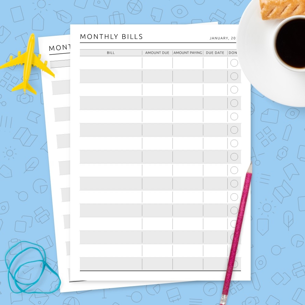 Simple Monthly Bill Organizer Template Template Printable PDF