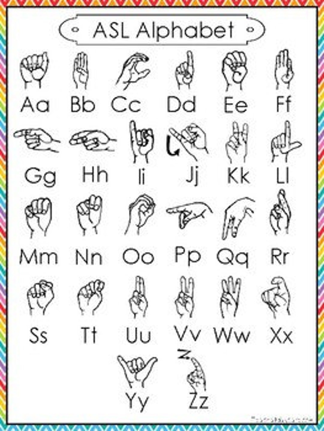 Single Printable Rainbow Border ASL Alphabet Reference Poster Prints 8 5 X 11 Inches Etsy