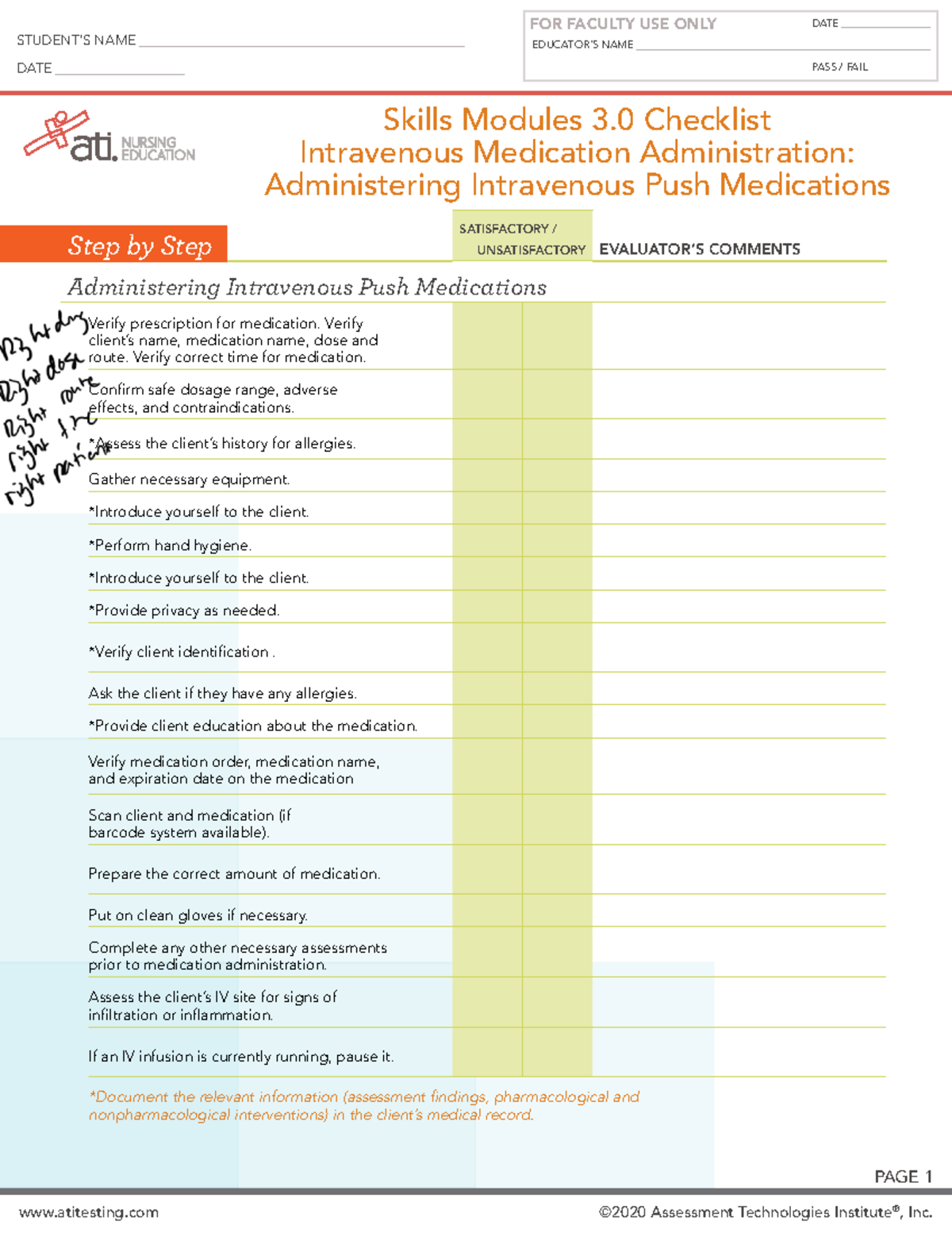 Skills Checklist IV Push Medications Step by Step Guide For Nursing Studocu