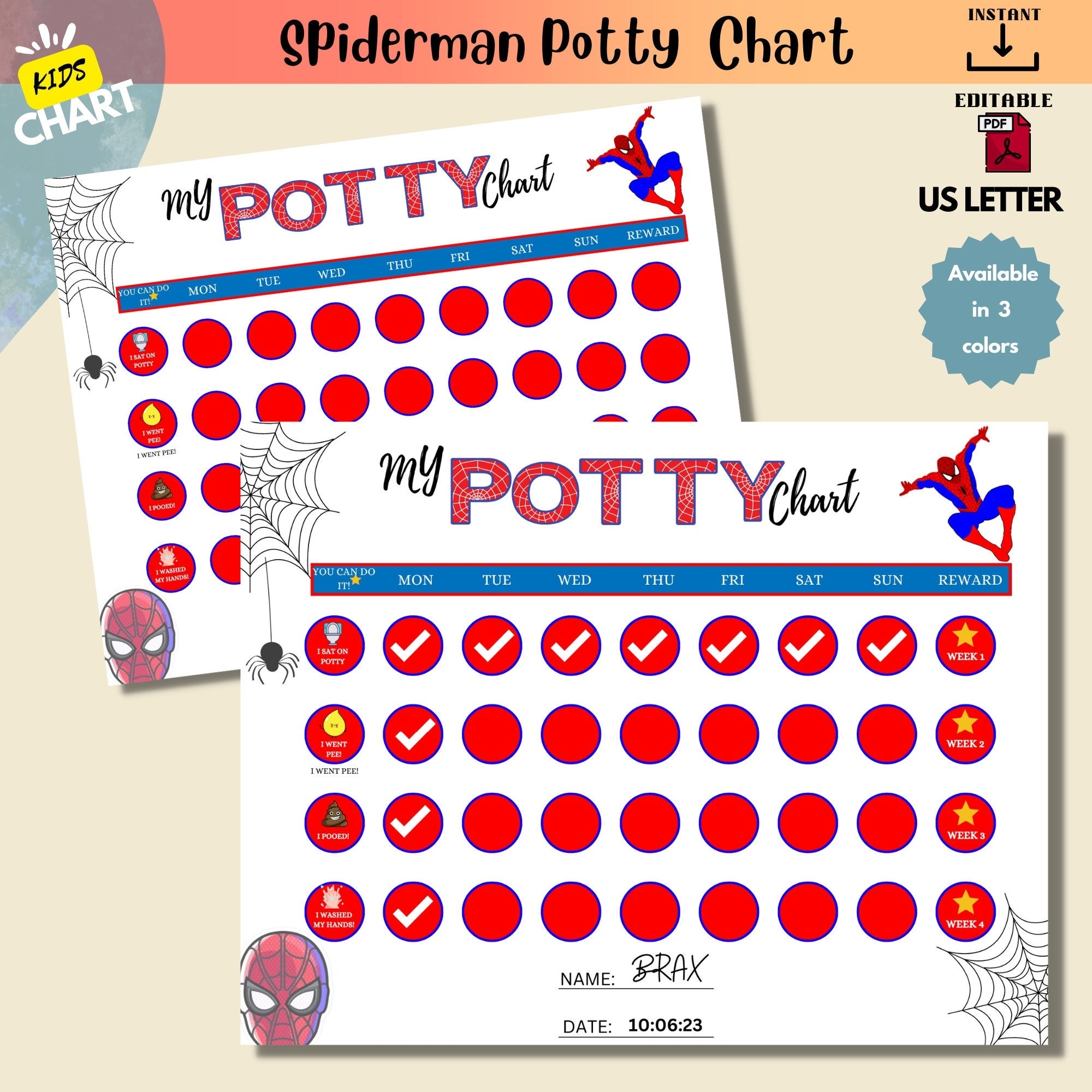 Spiderman Potty Training Chart Kids Reward Chart editable PDF Etsy