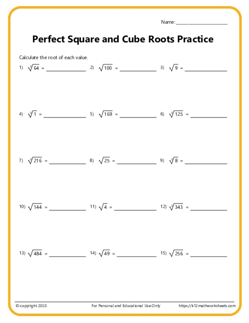 Square Roots Cube 4th 5th 6th Roots K12 Math Worksheets