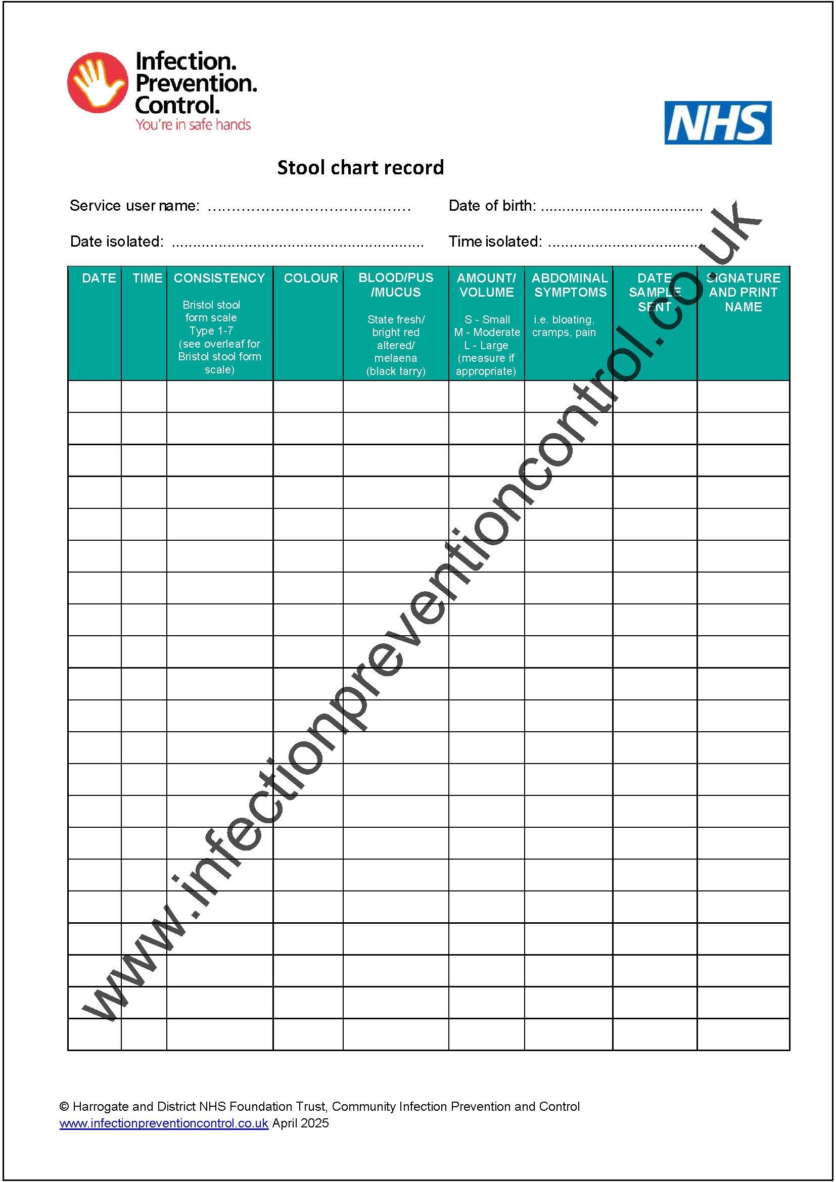 Stool Chart Record Infection Prevention Control