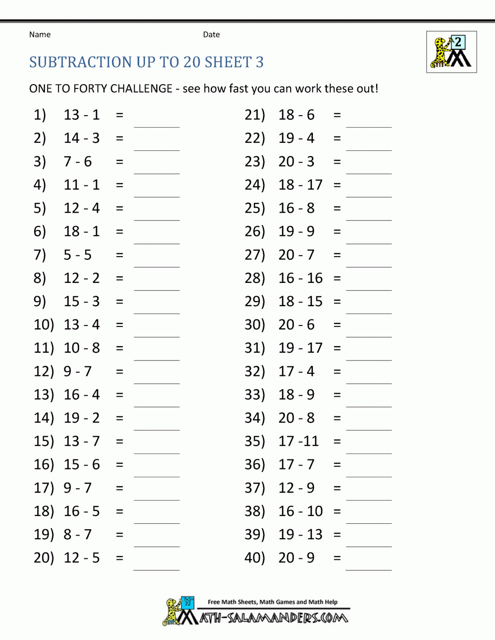 Subtraction Facts To 20 Worksheets Library