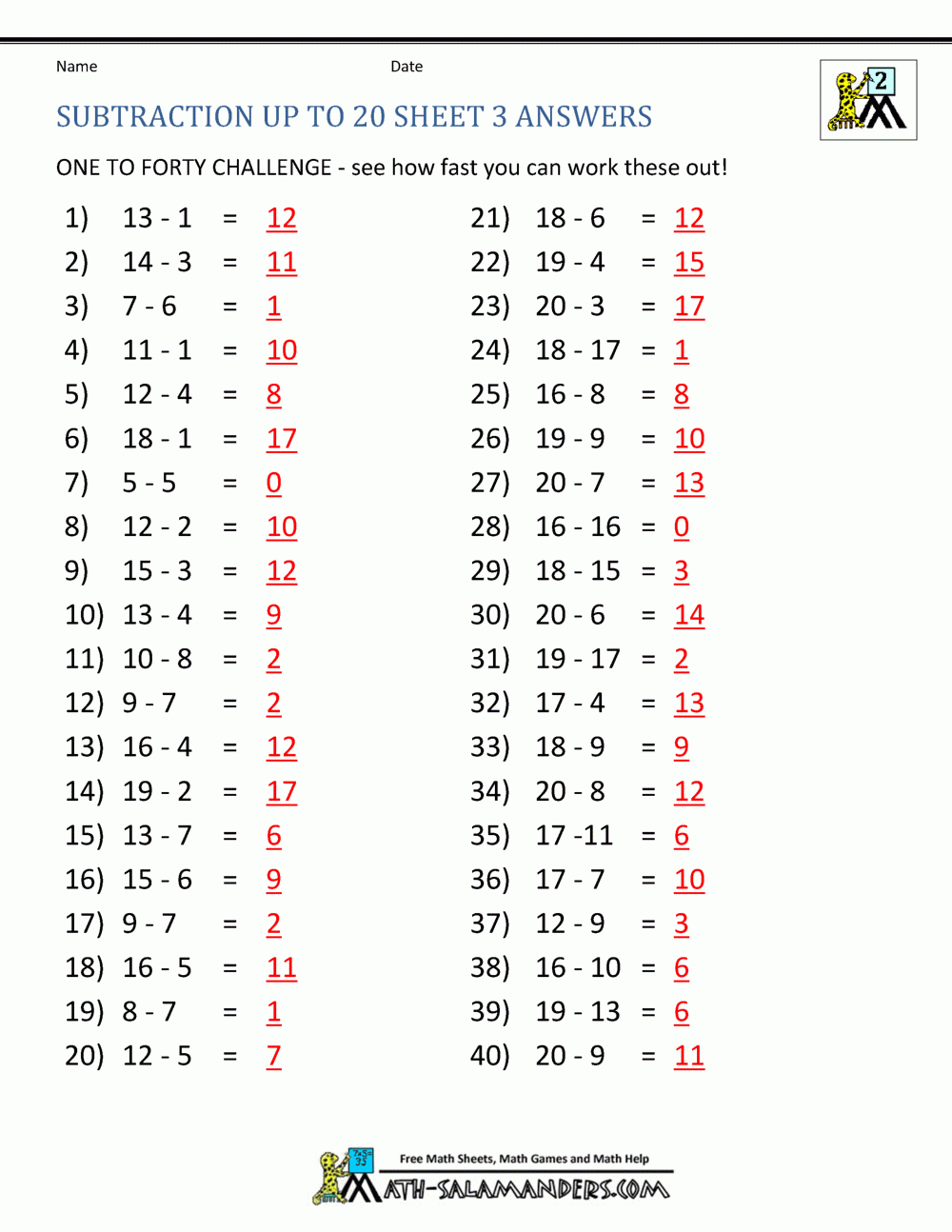 Free Printable Subtraction Chart Pdf