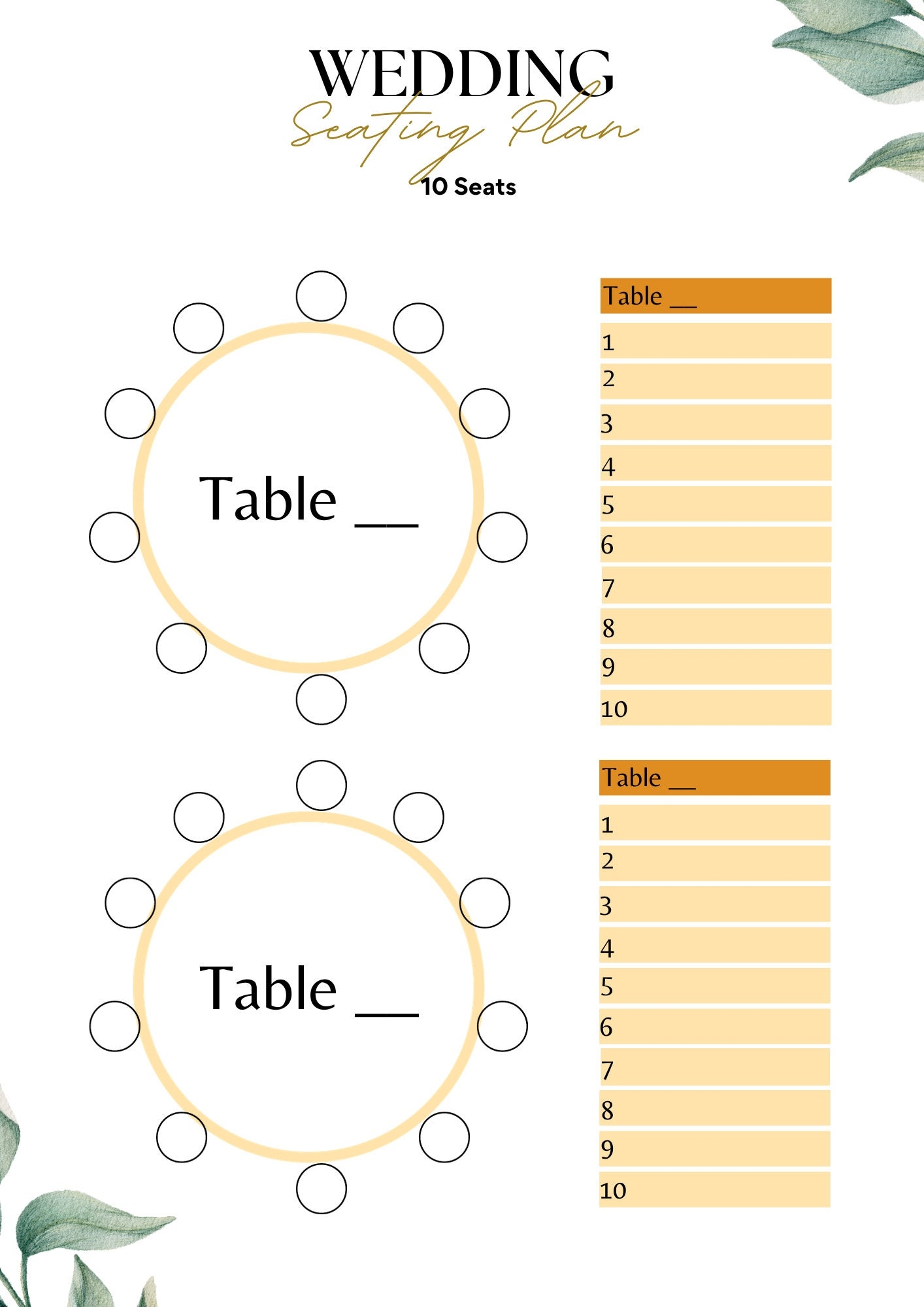 Table Seating Chart Planner For 10 100 Table Plan 10 Seats Table Planner Seat Chart Organisation Book Printable PDF Event Seating Plan Etsy