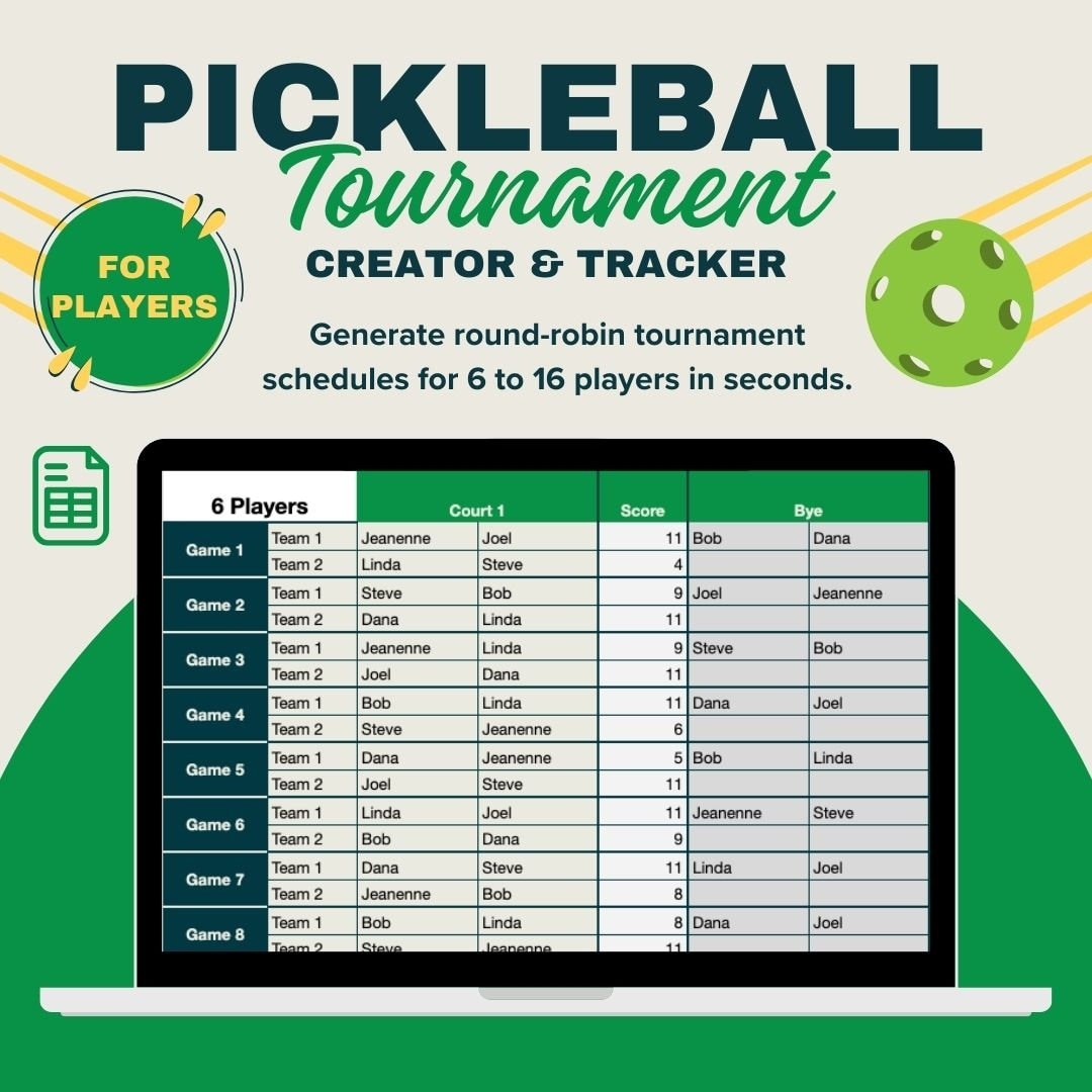 Ultimate Pickleball Tournament Spreadsheet Player Tournament 6 To 16 Player Round Robin Scoring Tracker Player Tracker Google Sheets Etsy