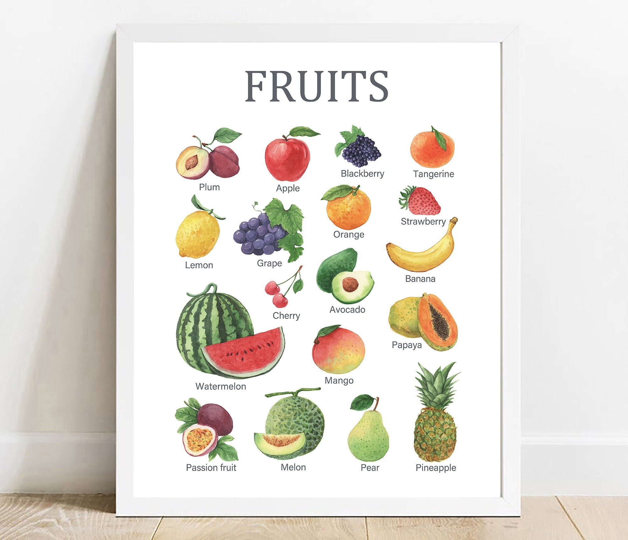 Watercolor Fruits Chart Educational Nursery Decor digital Download Etsy