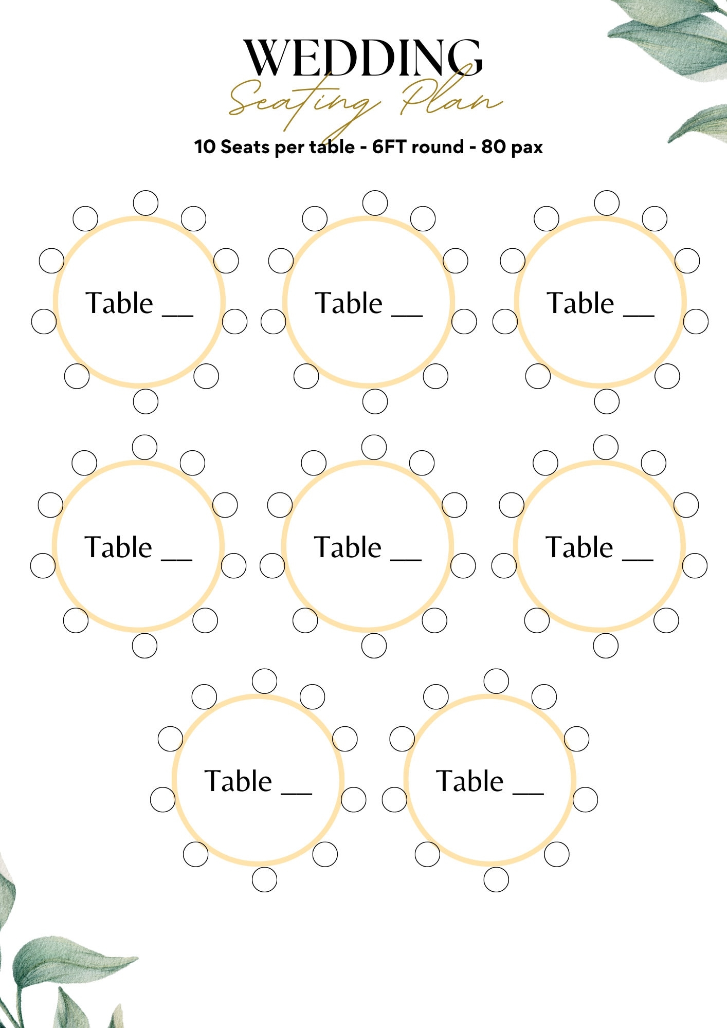 Wedding Seating Chart 80 Pax Round Table Display For Guest Names Seating Chart Organisation Planner Book PDF Guest Seating Plan Etsy