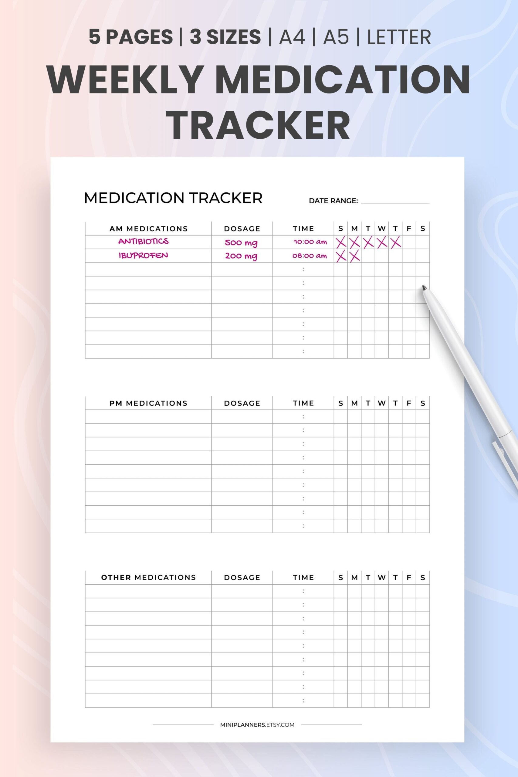 Weekly Medication Tracker Printable AM PM Schedule PDF Etsy