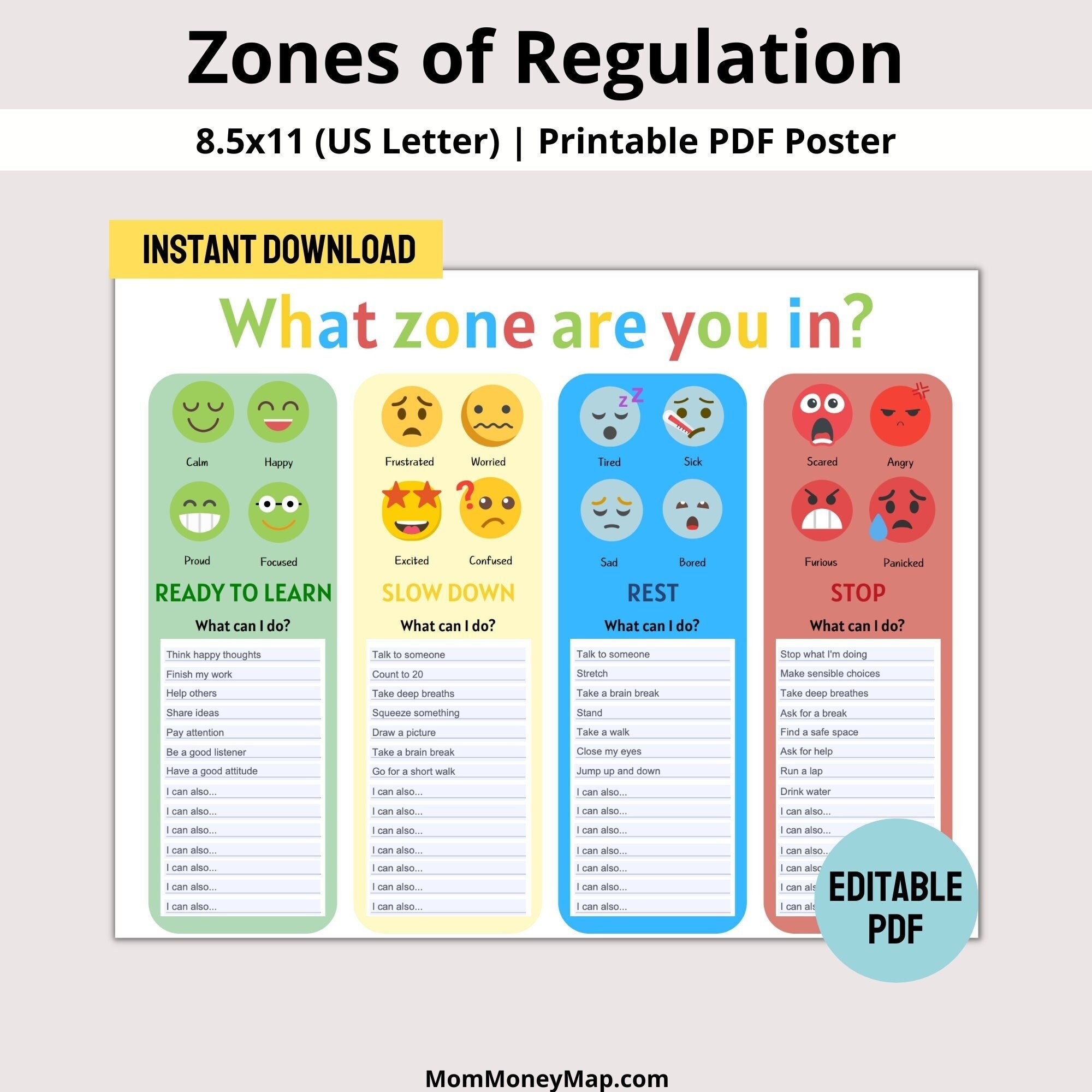 Zones Regulation Printable PDF Feelings Chart Printable Coping Skills For Kids And Adults Blue Green Red And Yellow Zone Activities Etsy